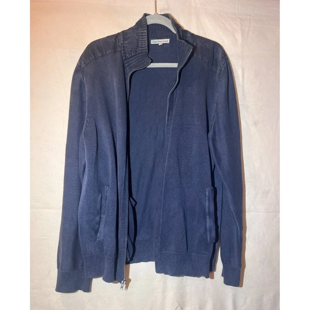 Calvin Klein Jeans Men's SZ L Blue Gray Zip Up Sweater Q22